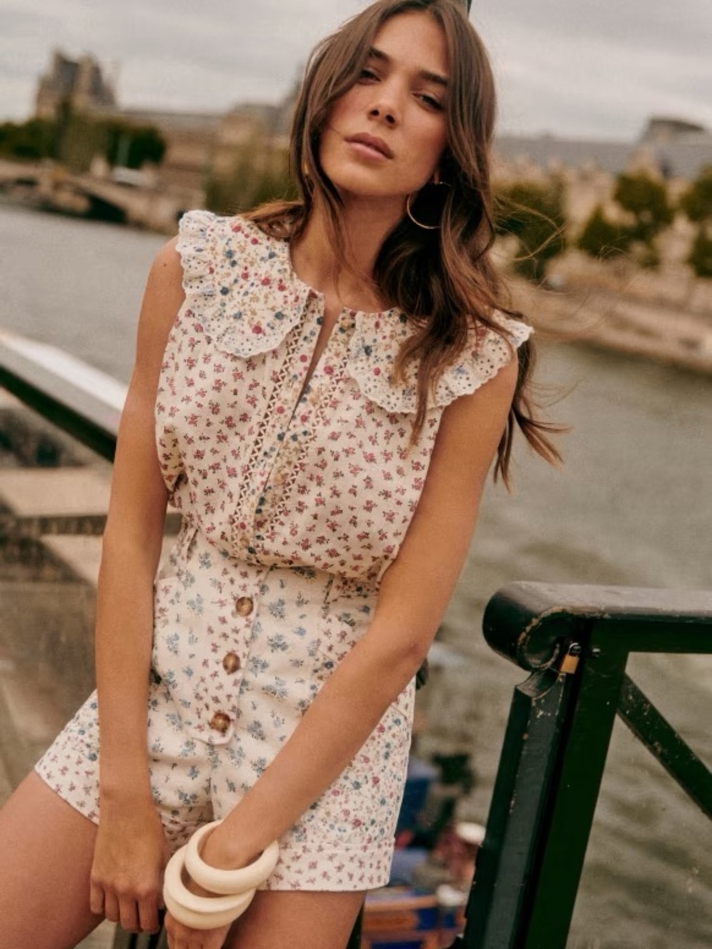 Sézane Susan Floral Eyelet Ruffle Collar Blouse Shirt 36/4